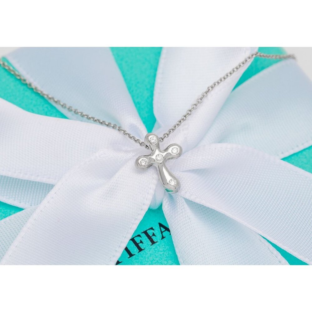 Tiffany & Co Diamond Cross Necklace Elsa Peretti Platinum Pendant 12mm 16" Chain